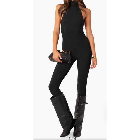 NWT Edikted Women's Black Aero Open Back Halter Sleeveless Jumpsuit Size Medium - Picture 1 of 8